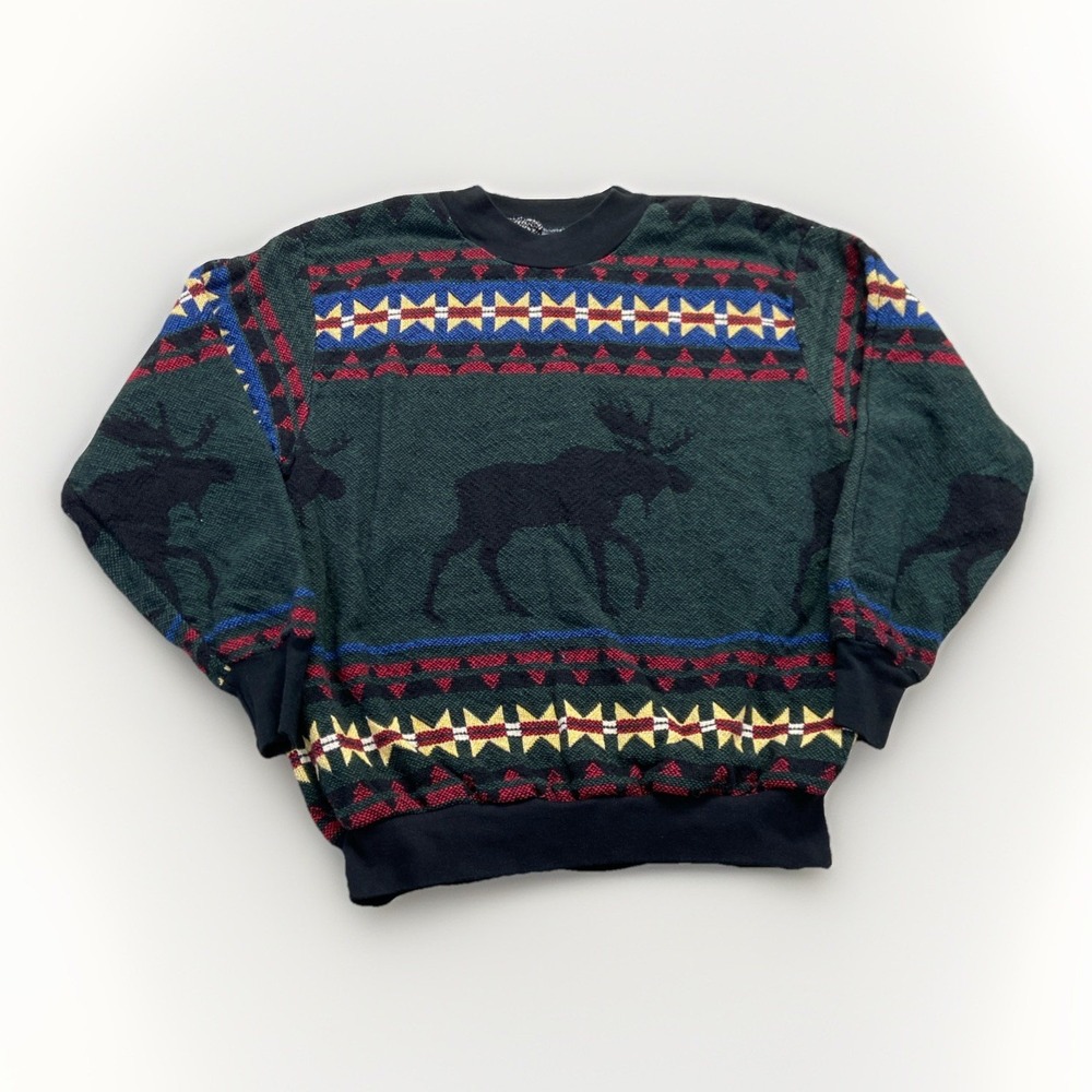 Sugar Street Weavers Pullover Sweater Mens L Moose Crewneck 90s Cotton
